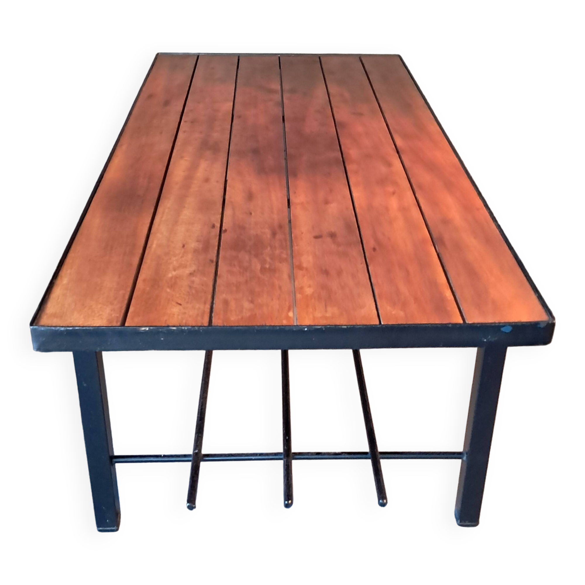 Vintage modernist coffee table in teak and black metal.