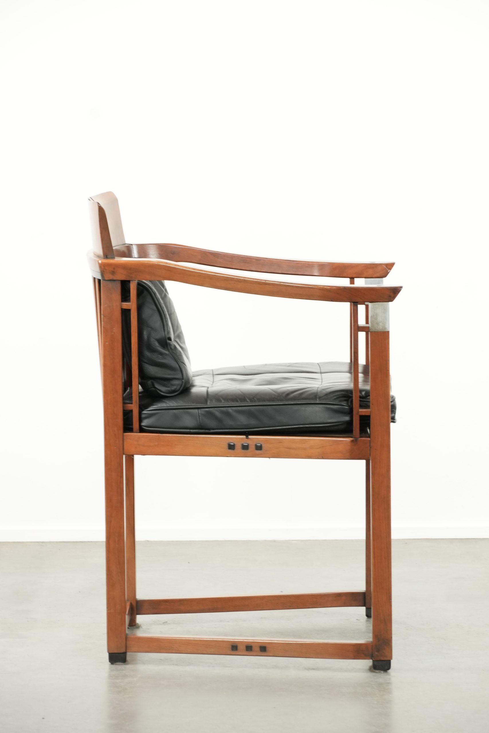 Black leather Art Deco design dining/side/desk chair with armrests