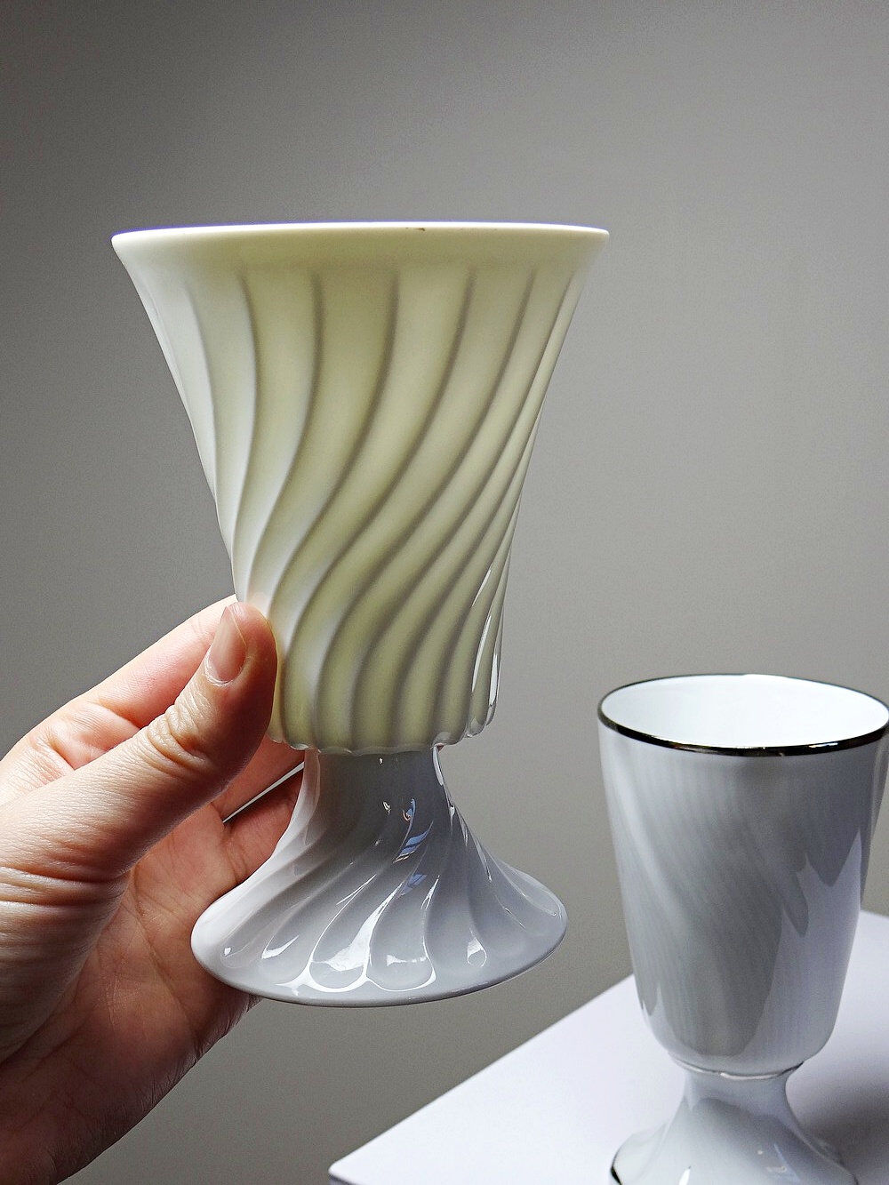 Mismatched pair of Limoges porcelain mazagrans, Haviland & LEC vintage.