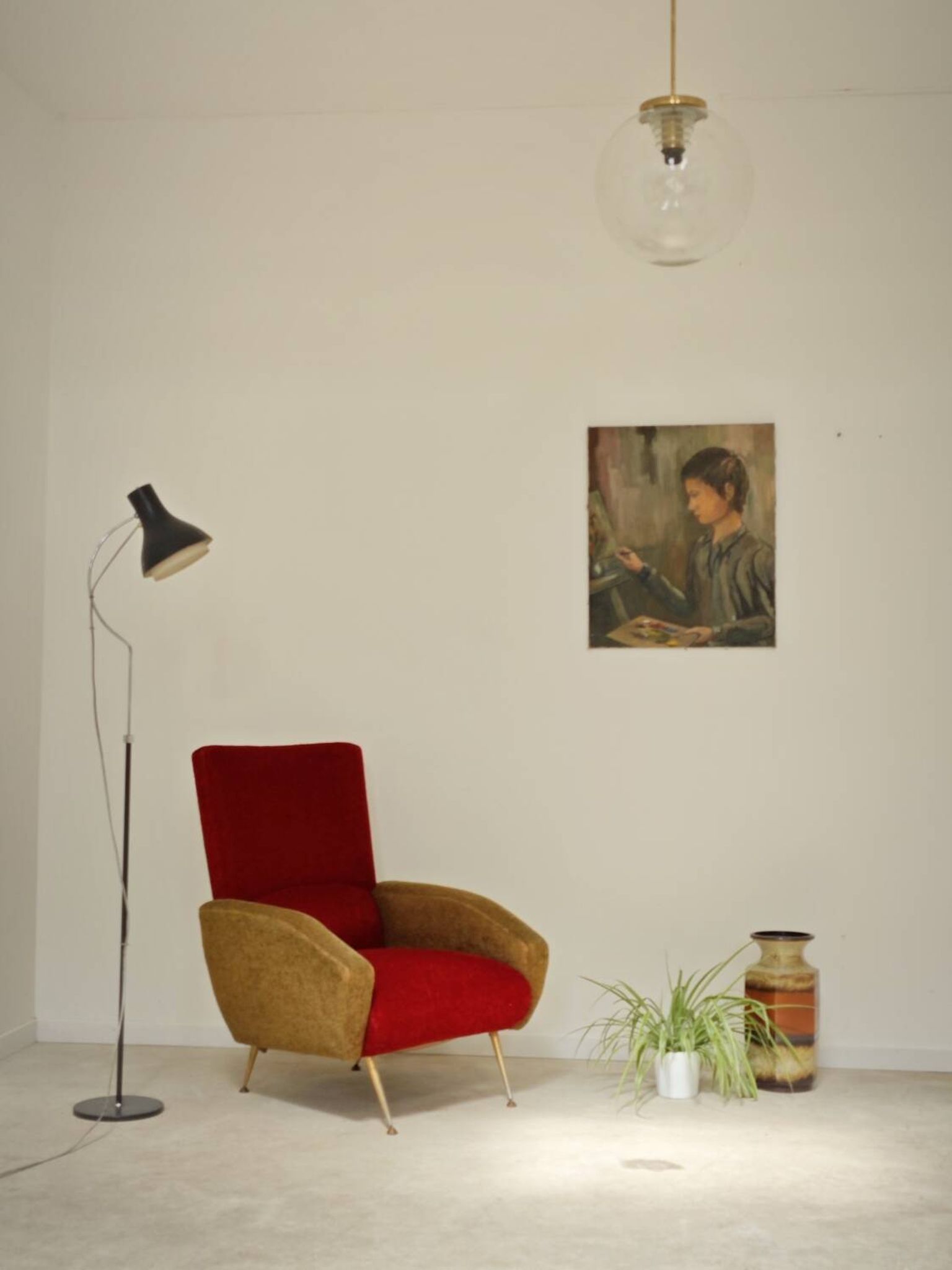 Fauteuil tissu rouge et jaune moutarde style bouclette 1970