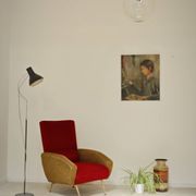 Fauteuil tissu rouge et jaune moutarde style bouclette 1970