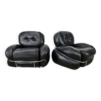 Okay Chairs in Black Leather and Tubular Steel by Adriano Piazzesi