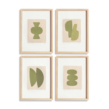 Collection of 4 abstract paintings in sage green signed Eawy.