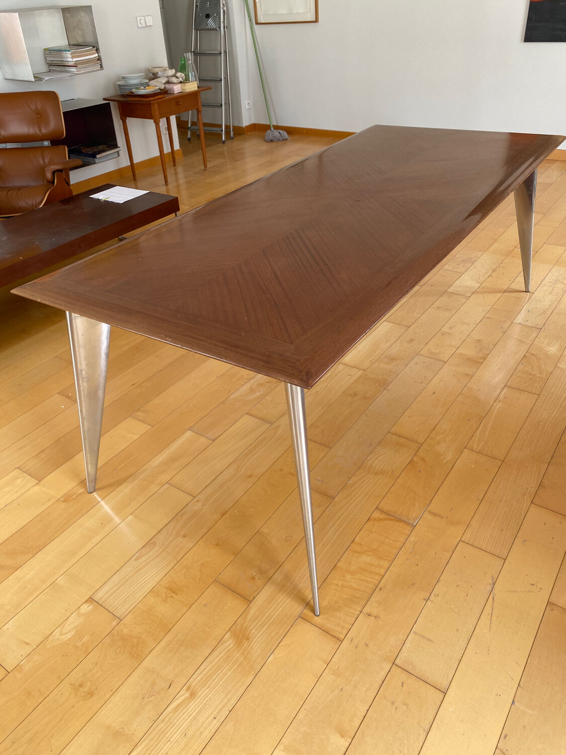 Vintage dining table by Aleph model M-series long by Philippe Starck 1987 African mahogany top