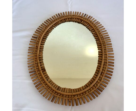 Oval rattan mirror, italy 1960 46x57cm