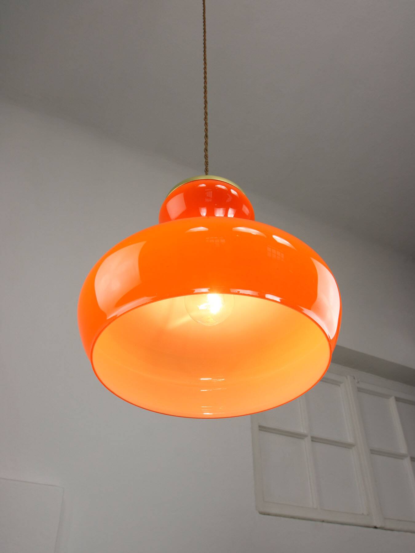 Mid-Century Modern Italian Orange Glass and Brass Pendant Lamp