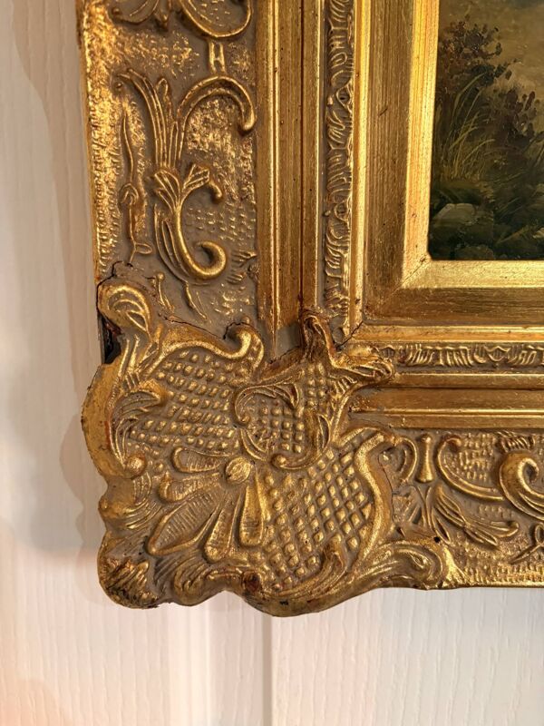 Tableau Peinture Huile Panneau HSP EDWARD WEBB Chasse Cour Chien Forêt