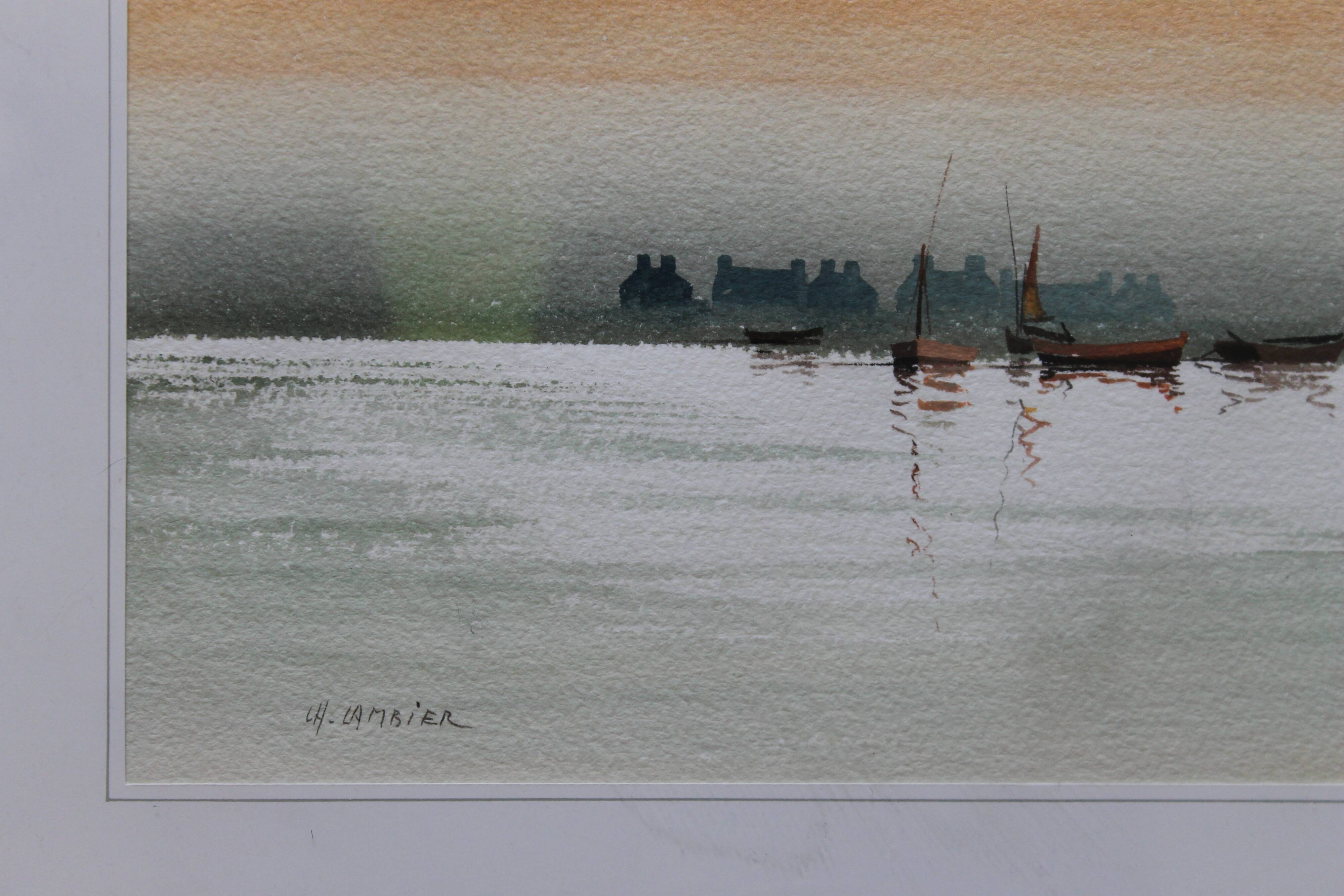 Watercolor "Au fil de l'eau" (boat on the sea) signed Cambier