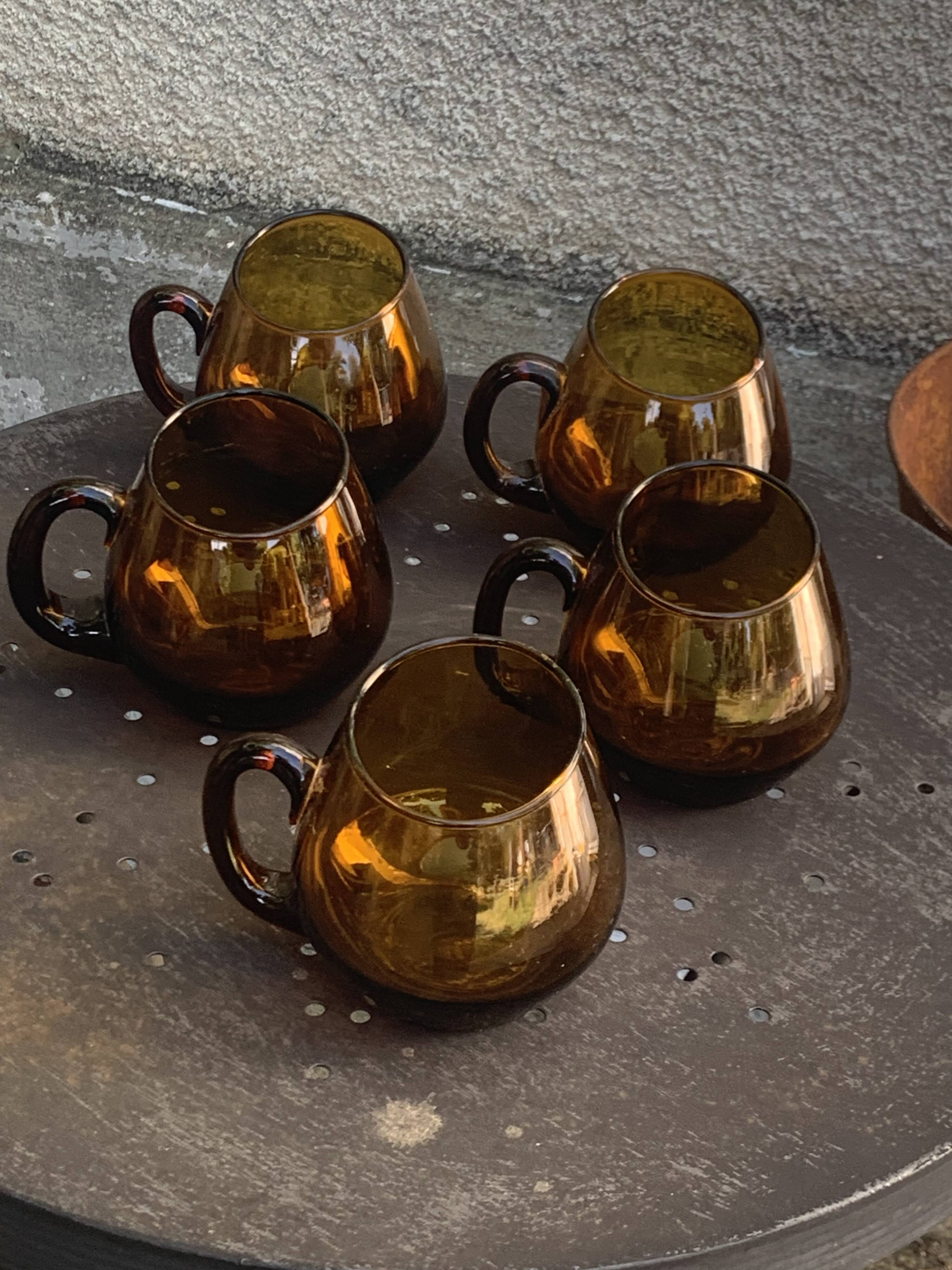 Set of 5 mugs, cups, glasses with handles, cocktail glasses, vintage glass