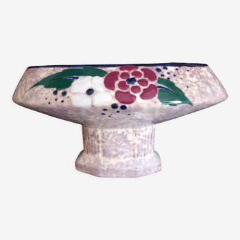 Vase art déco sur pied en céramique avec motifs emmaillés, signé moda