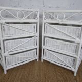 pair of chest of drawers bedside chiffonier 3 drawers white bamboo rattan vintage 1970s