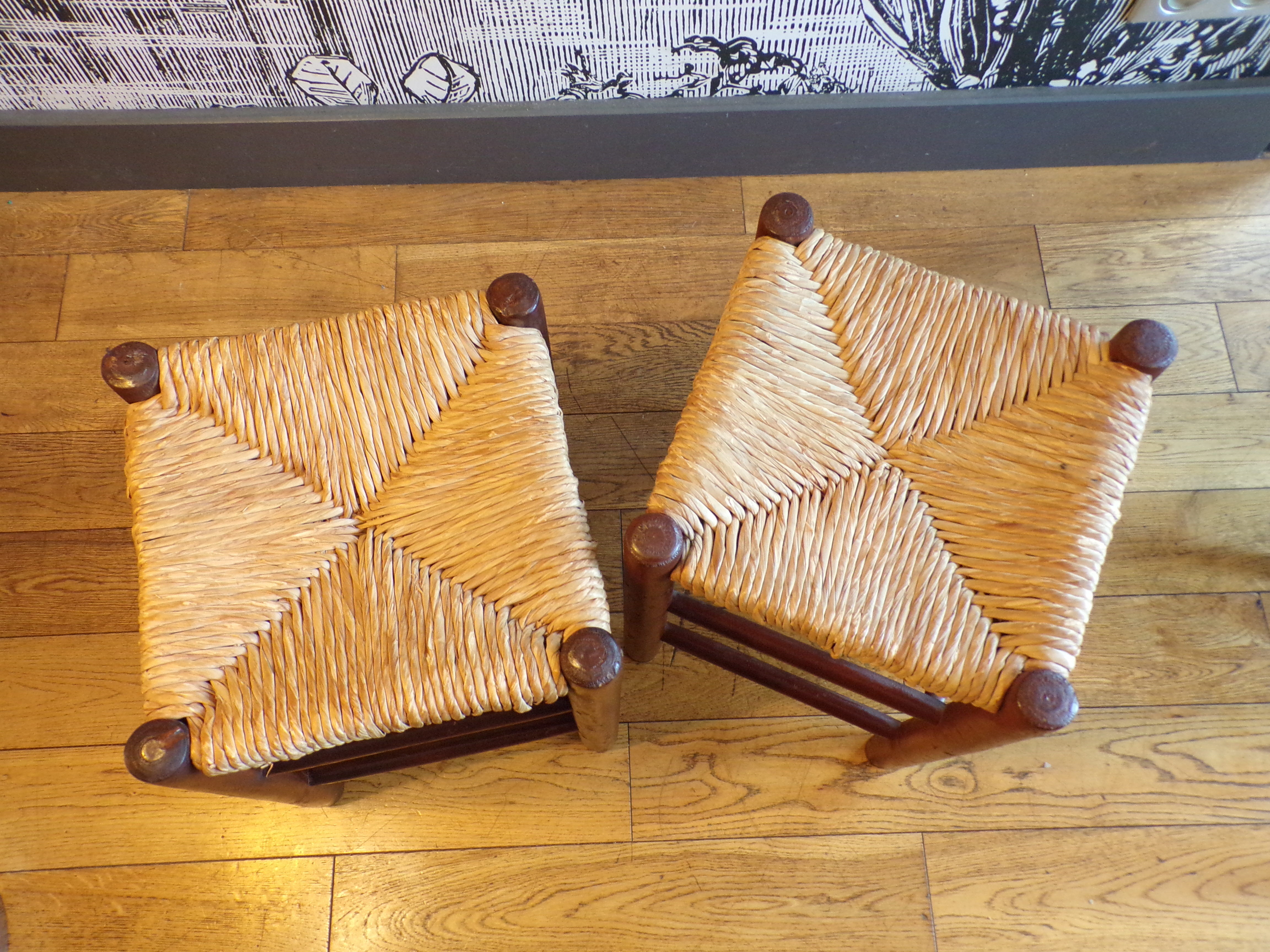 Pair of vintage stools turned wood and straw