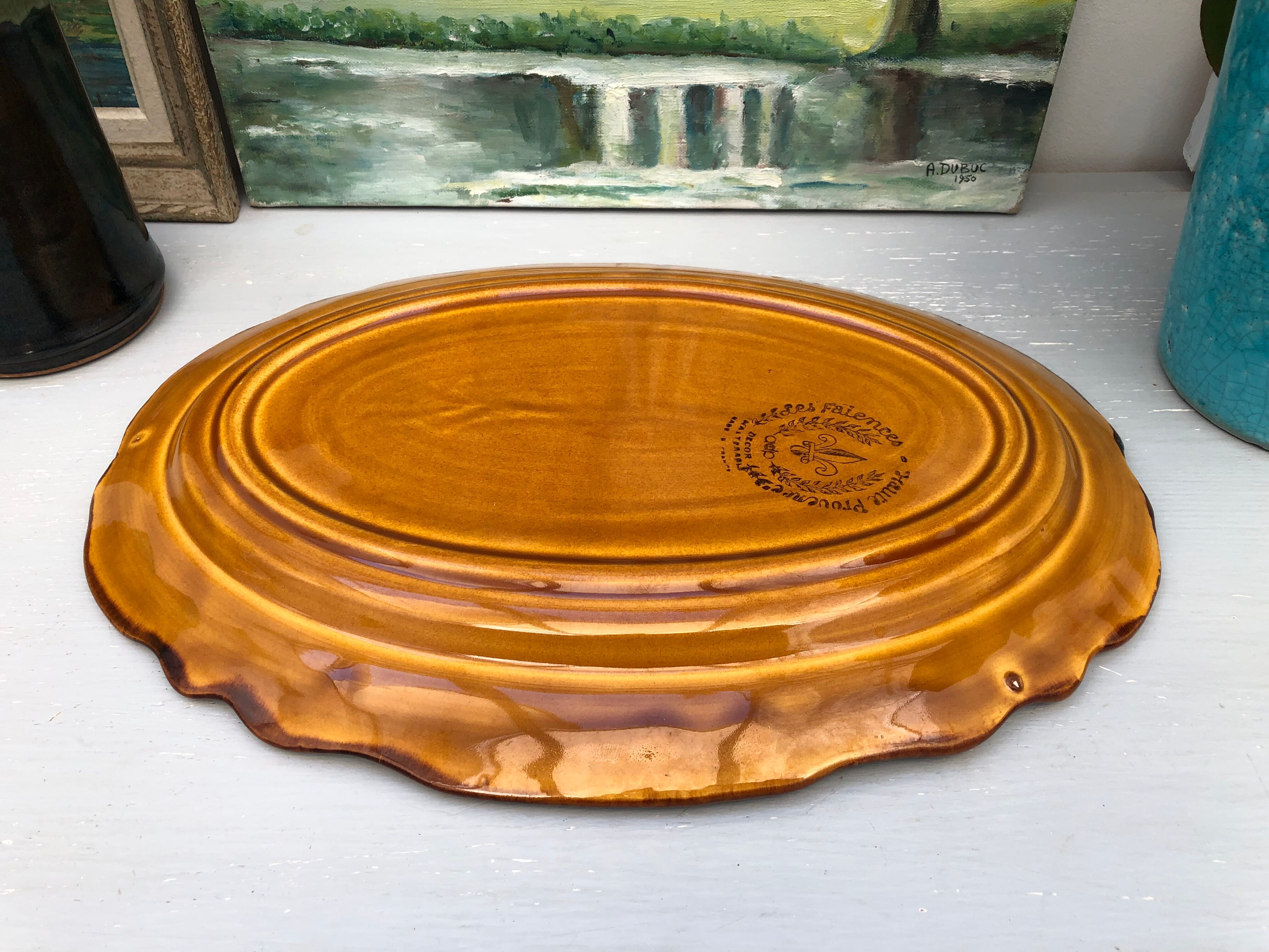 Oval dish caramel color chocolate brown edging signed faience haute provence made in France