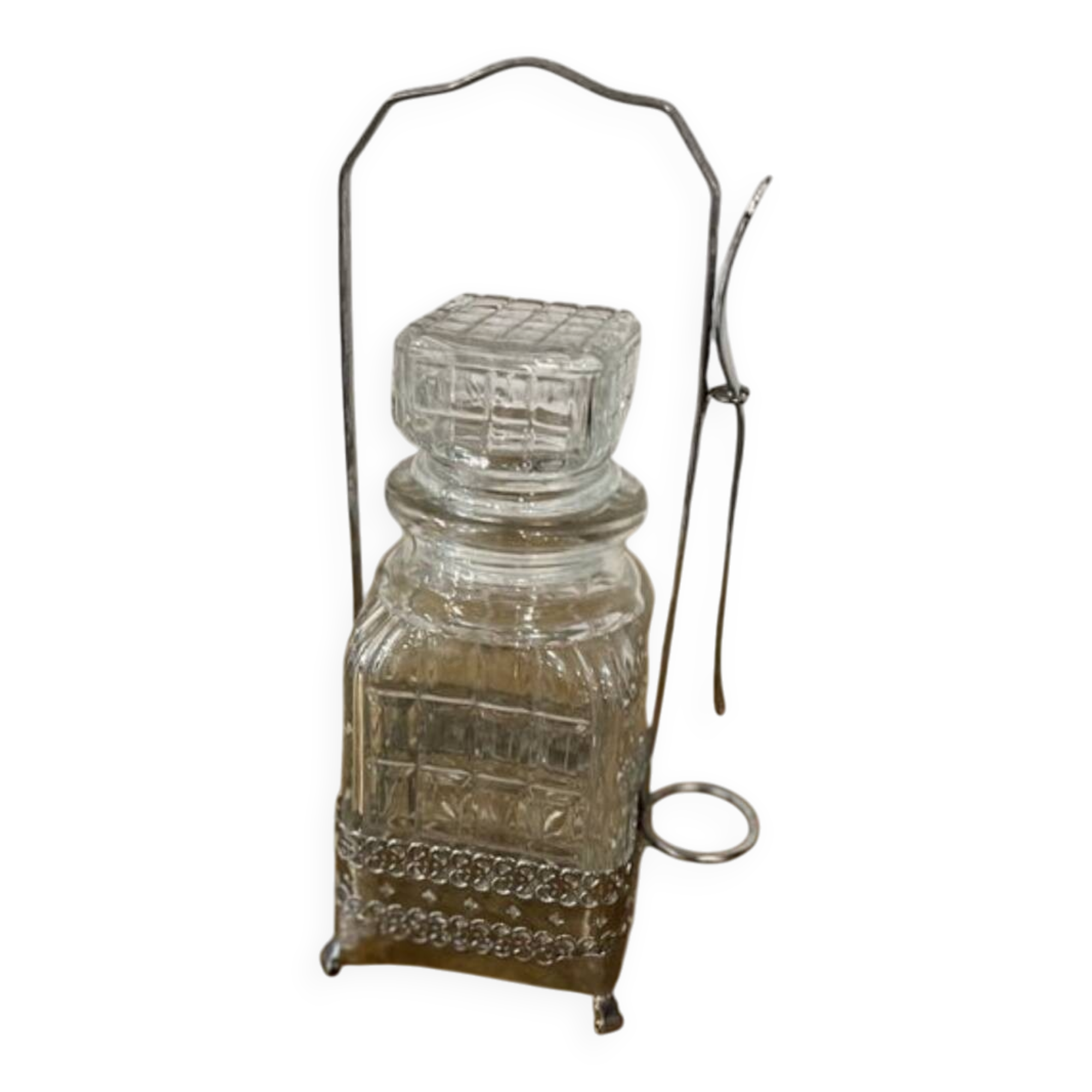 Serving set / condiment pot - crystal glass and chiseled iron