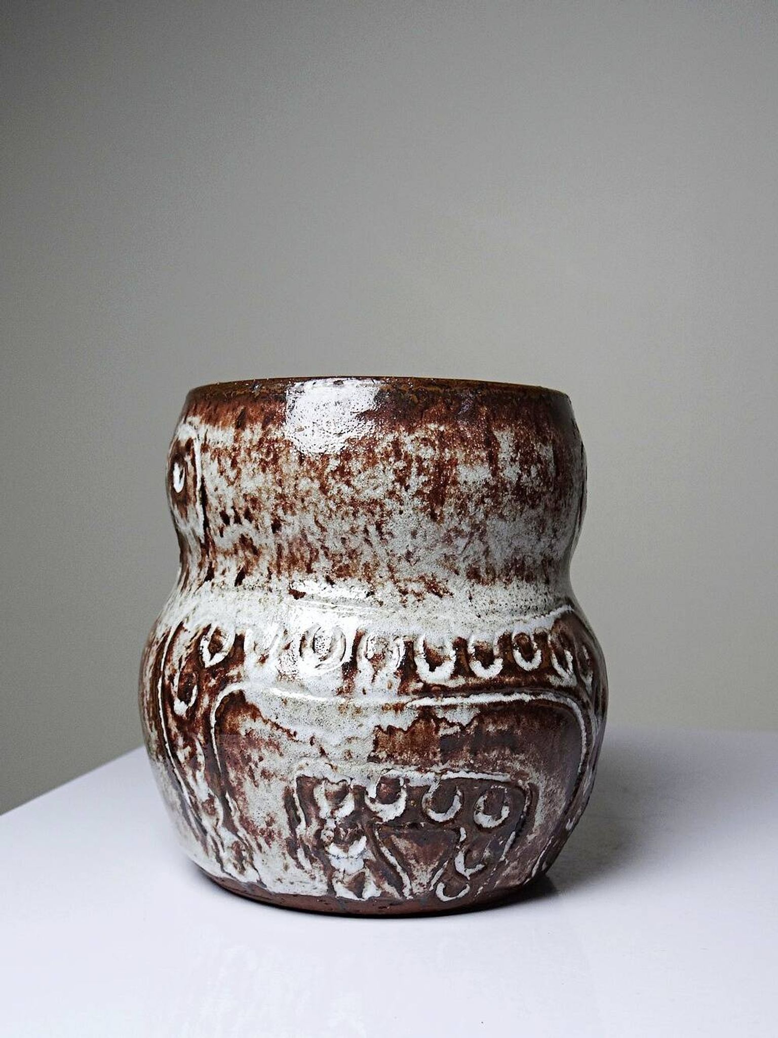 Vintage owl pot in glazed stoneware by Alain Granet, Vallauris 1960s-1970s.