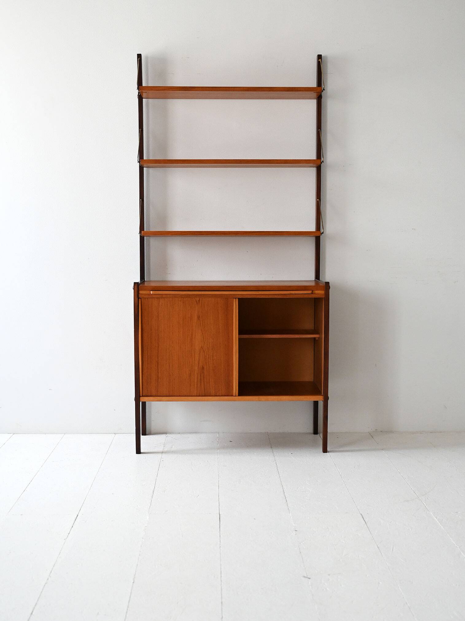 Vintage Scandinavian bookcase with pull-out desk and brass supports
