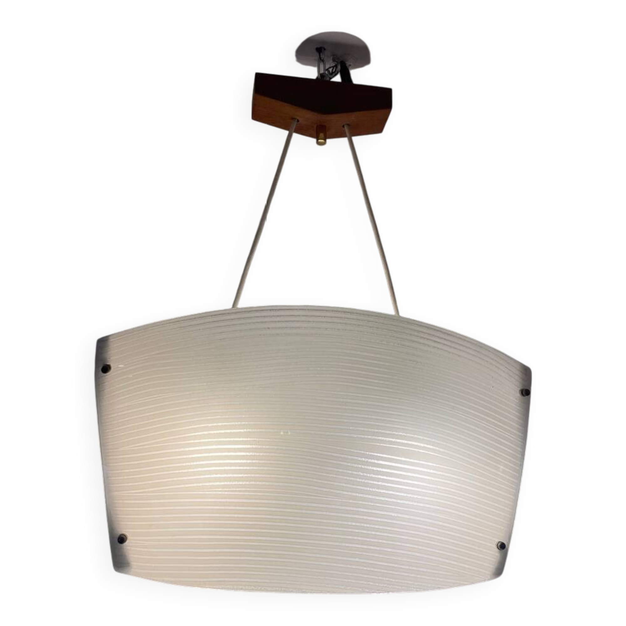 Scandinavian pendant light in ribbed glass and teak, 1960