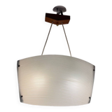 Scandinavian pendant light in ribbed glass and teak, 1960