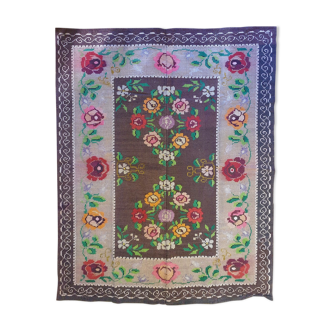 Tapis roumain antique, tissé à la main en laine, fond brun, conception florale - 200x140cm