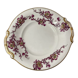 Old earthenware serving dish decorated flowers and gold around 1900