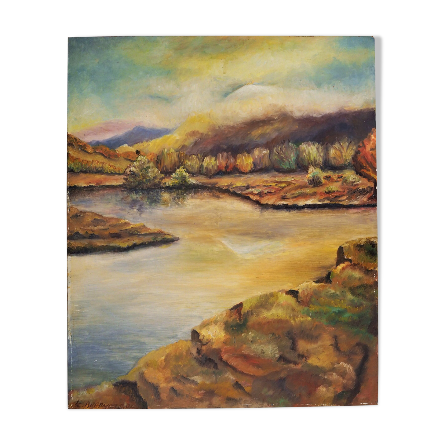 Mid-century modern landscape "reverie" vintage framed oil painting