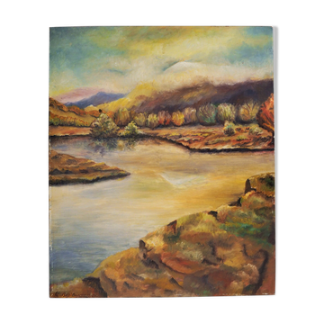 Mid-century modern landscape "reverie" vintage framed oil painting