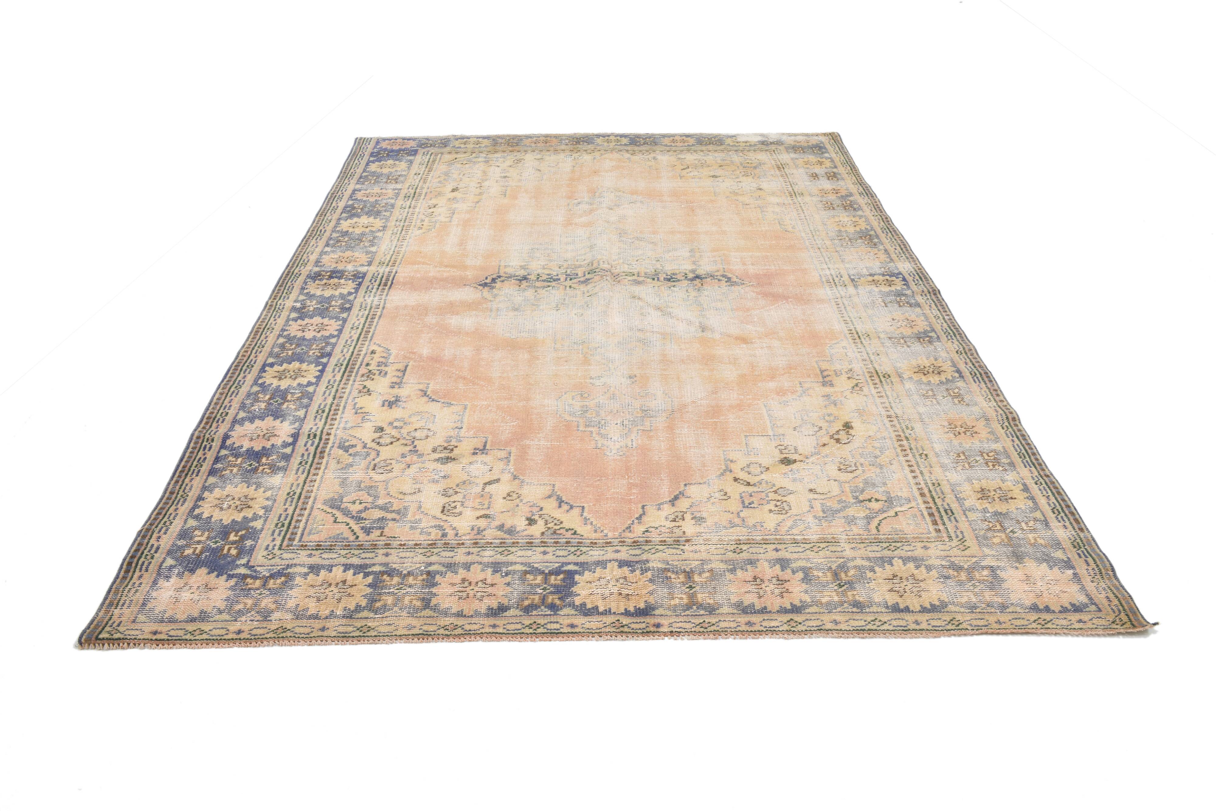 Grand Tapis Oushak Vintage, Laine Fait Main, Pêche et Bleu, 194x267 Cm