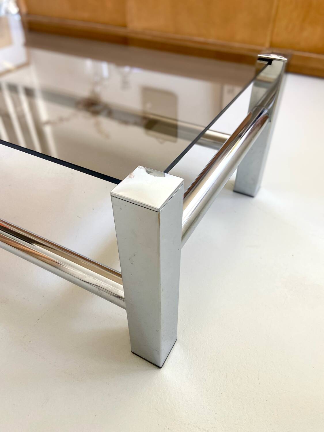 Vintage chrome metal table / smoked glass 1970