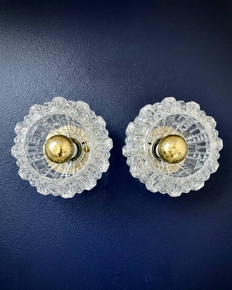 2 vintage brass and pressed glass wall lights Brutalist style 1960-70