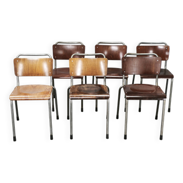 Set of 6 Gispen 106 Dutch Industrial Plywood Chairs, 1960s