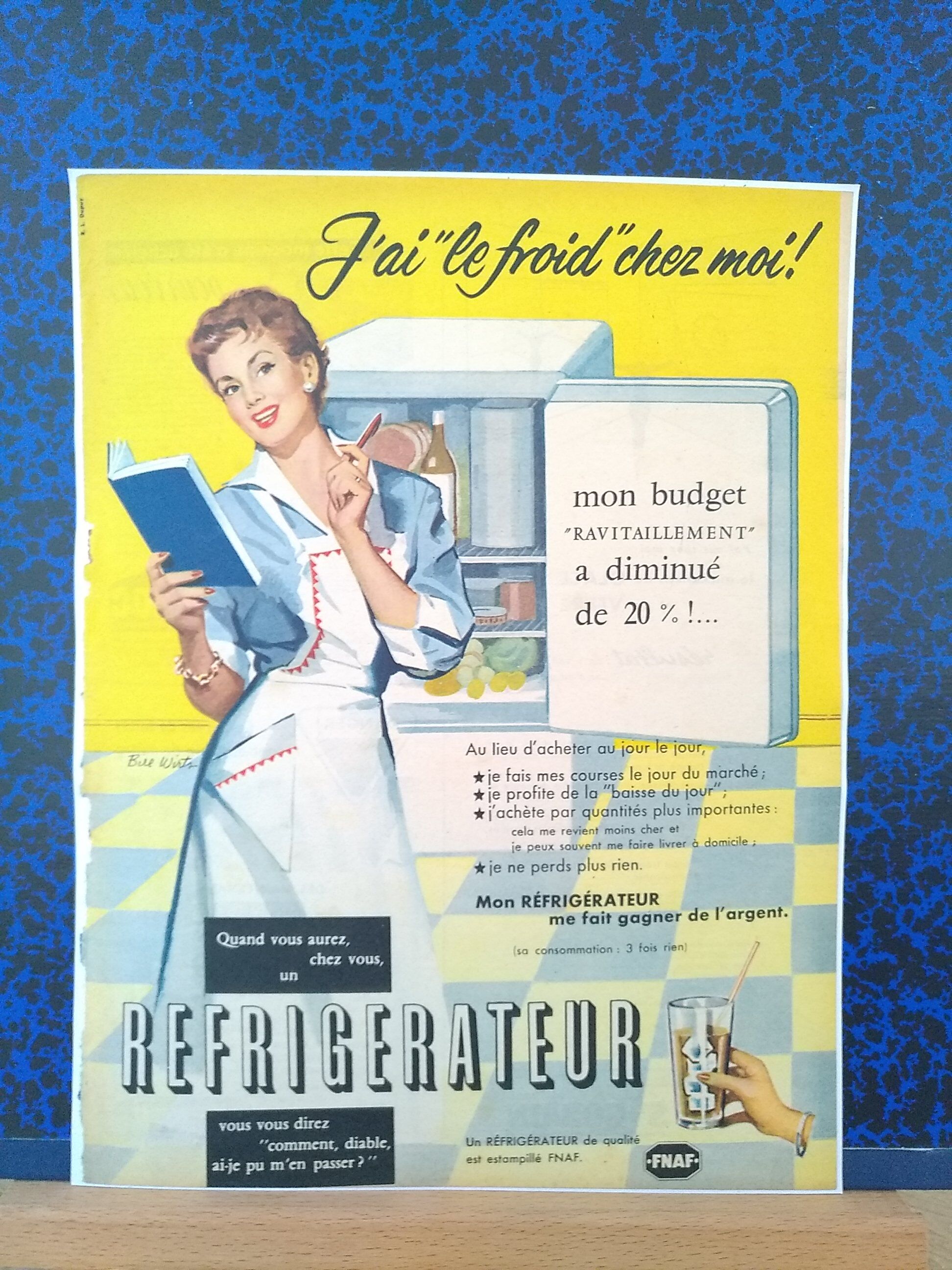 Paper advertisement subject refrigerator fridge from a period magazine