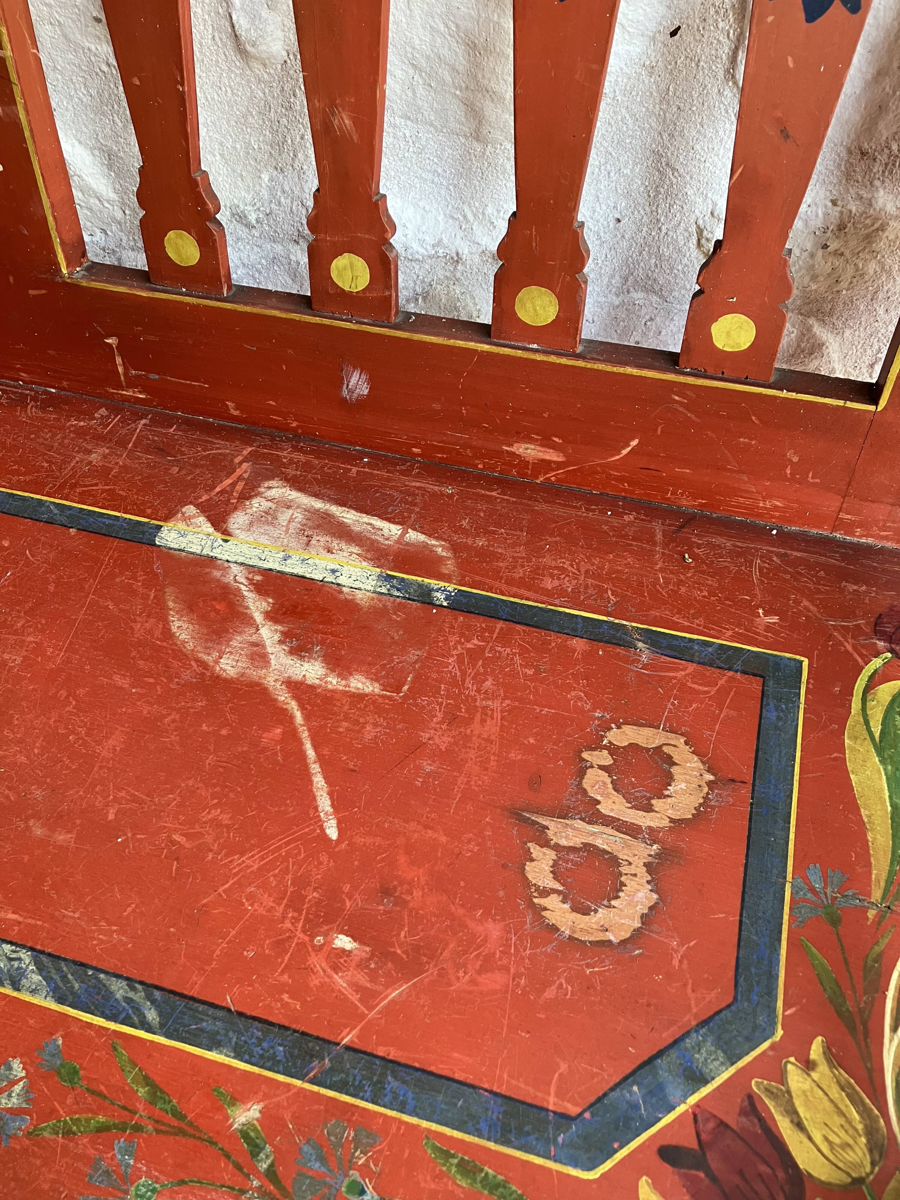 Folk bench in painted wood - Eastern Europe probably Hungary - early 20th century