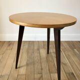 Table basse tripode en bois et marqueterie bicolore design scandinave 1950