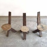 Set of 3 chairs brutalist tripod solid wood