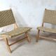 Pair of low armchairs in wood and woven rattan