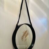 Jacques Adnet pair of circular leather and brass mirrors