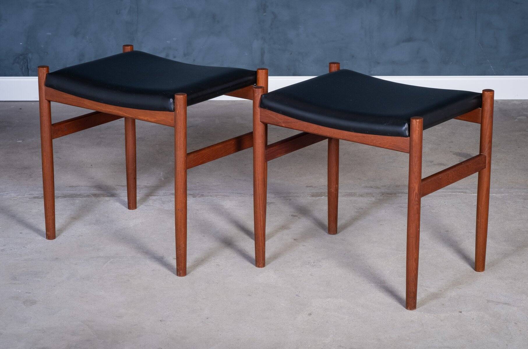 Teak Stools with Black Leather Tops by Spøttrup Møbelfabrik, 1960s, Set of 2
