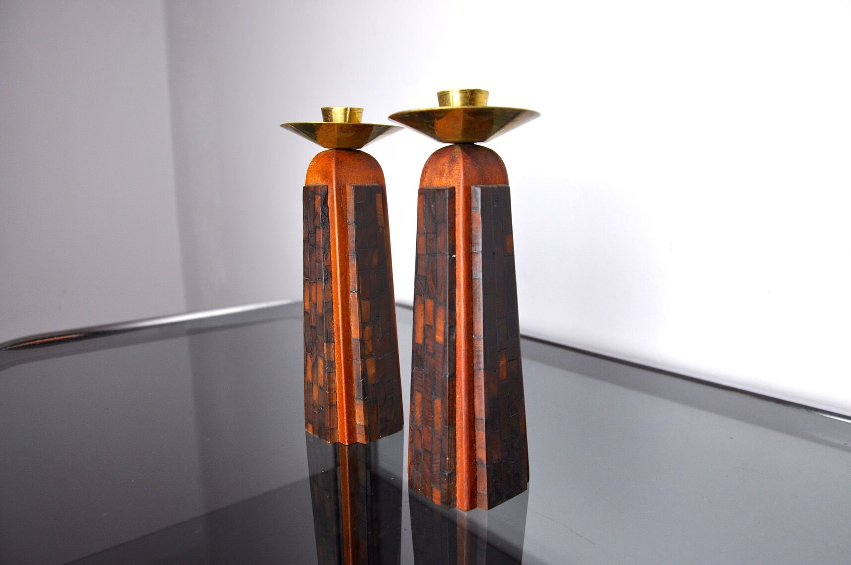Pair of "David" candlesticks in olive wood, Handcrafted in Israel, 1960