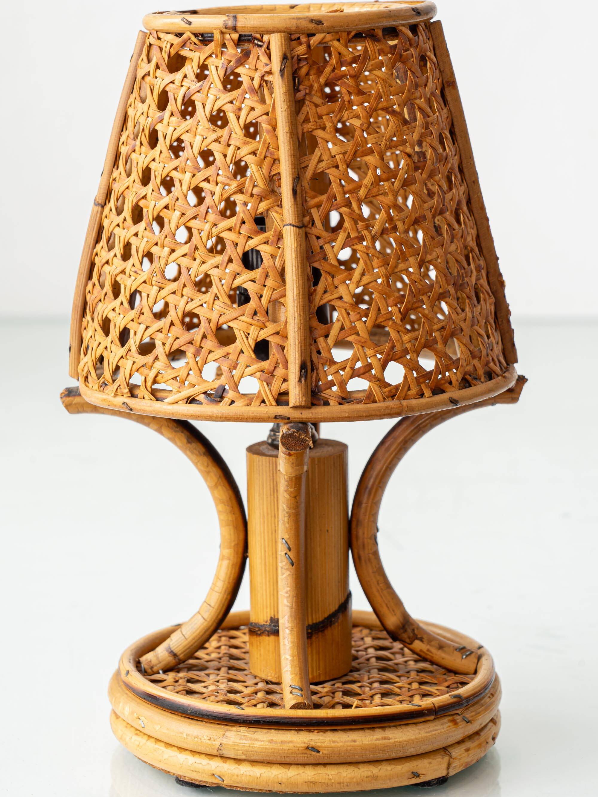 French Riviera Bamboo Rattan Table Lamps, Pair, Vienna Straw Shades, 1960s