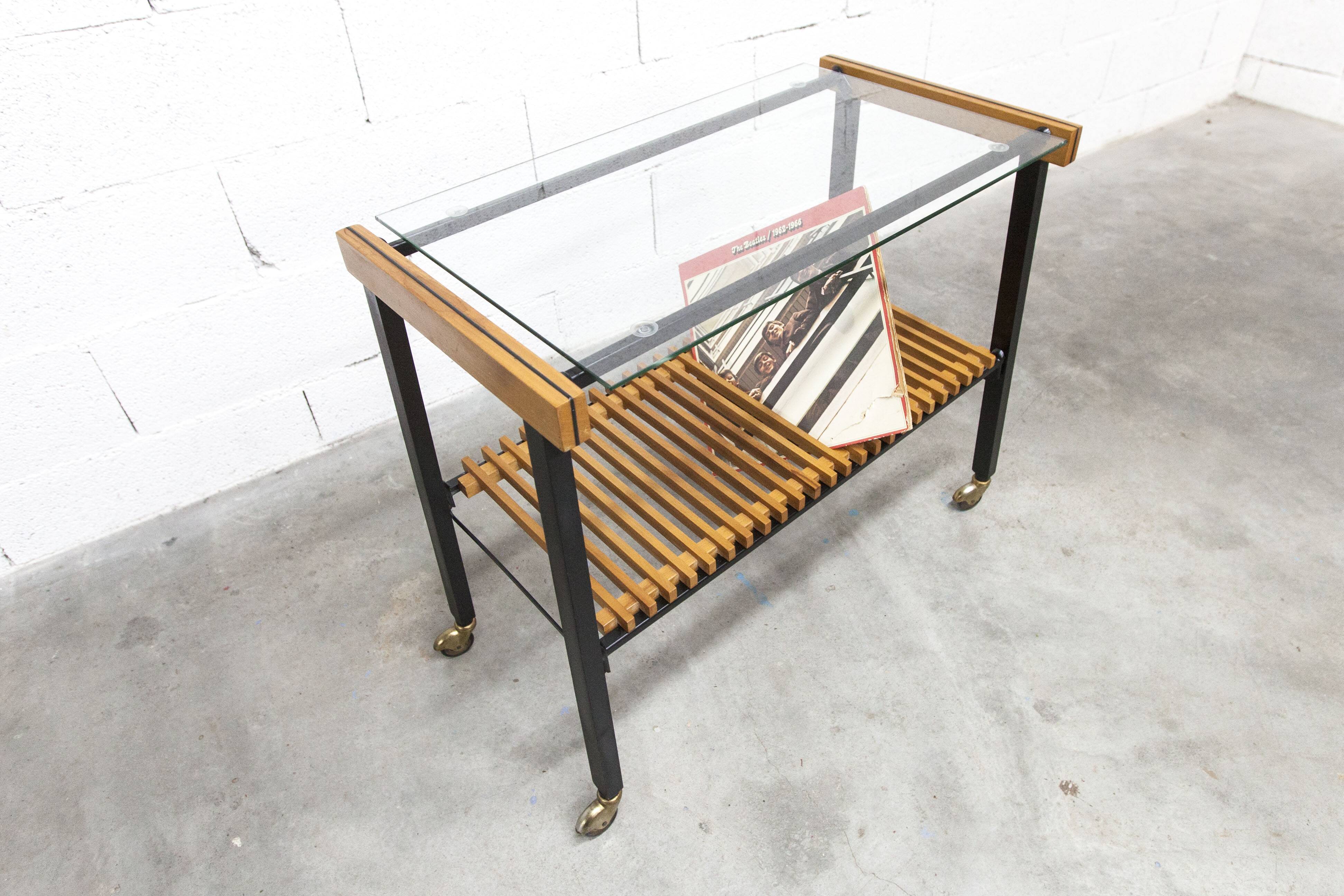 1960s serving cart, hi-fi cabinet on casters, teak, black metal, glass