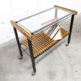 1960s serving cart, hi-fi cabinet on casters, teak, black metal, glass