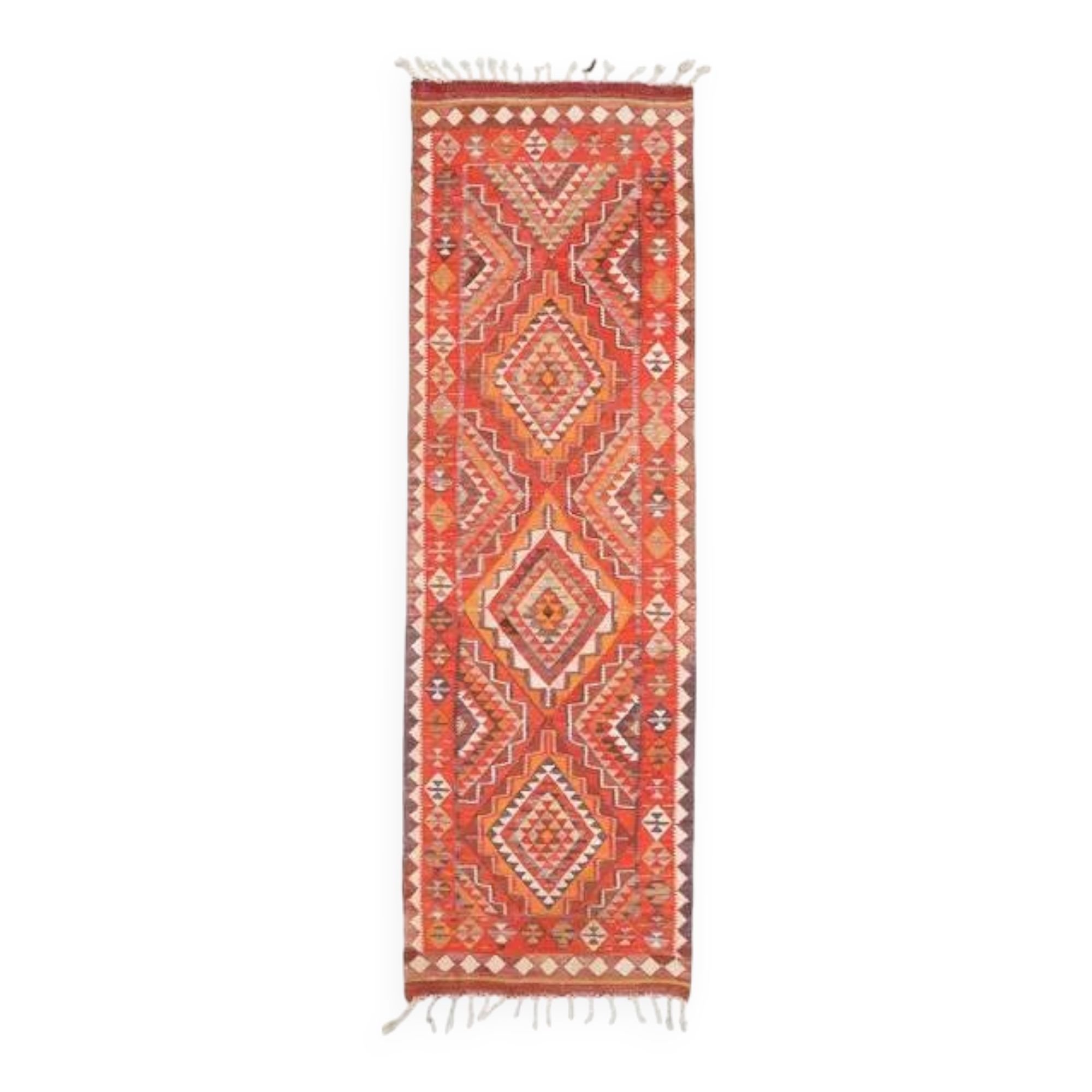 1970s Vintage Turkish Hand-Knotted Wool Cotton Red Runner Rug 90x290