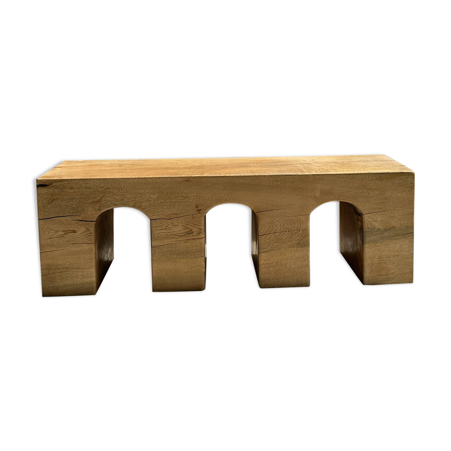 Solid monoxyl wood bench with carved 3-arch base - Natural wood color