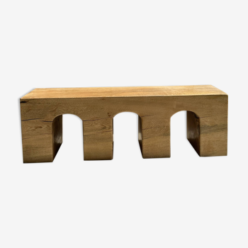 Solid monoxyl wood bench with carved 3-arch base - Natural wood color