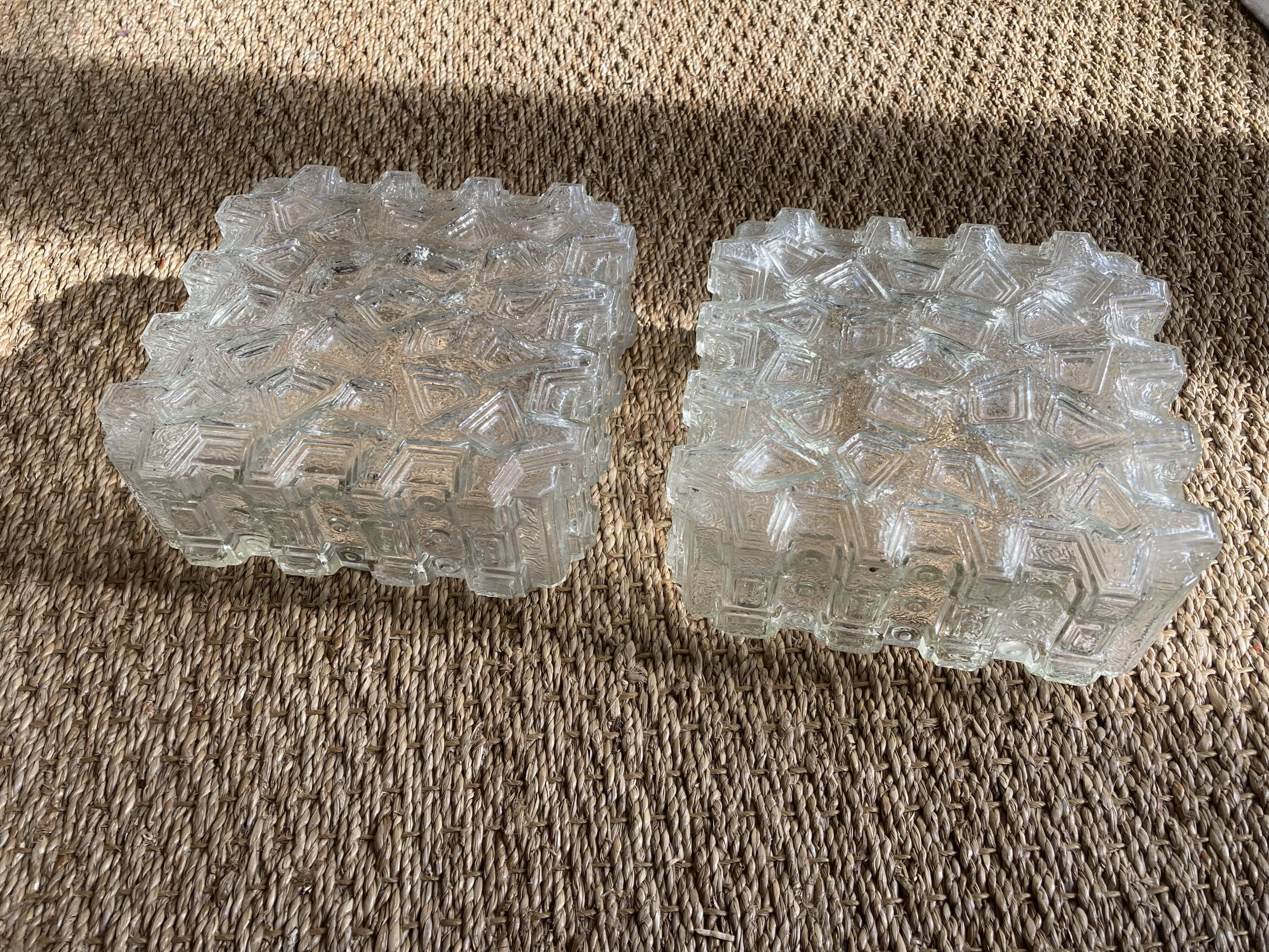 Pair of wall lamp or ceiling lamp in transparent vintage molded glass