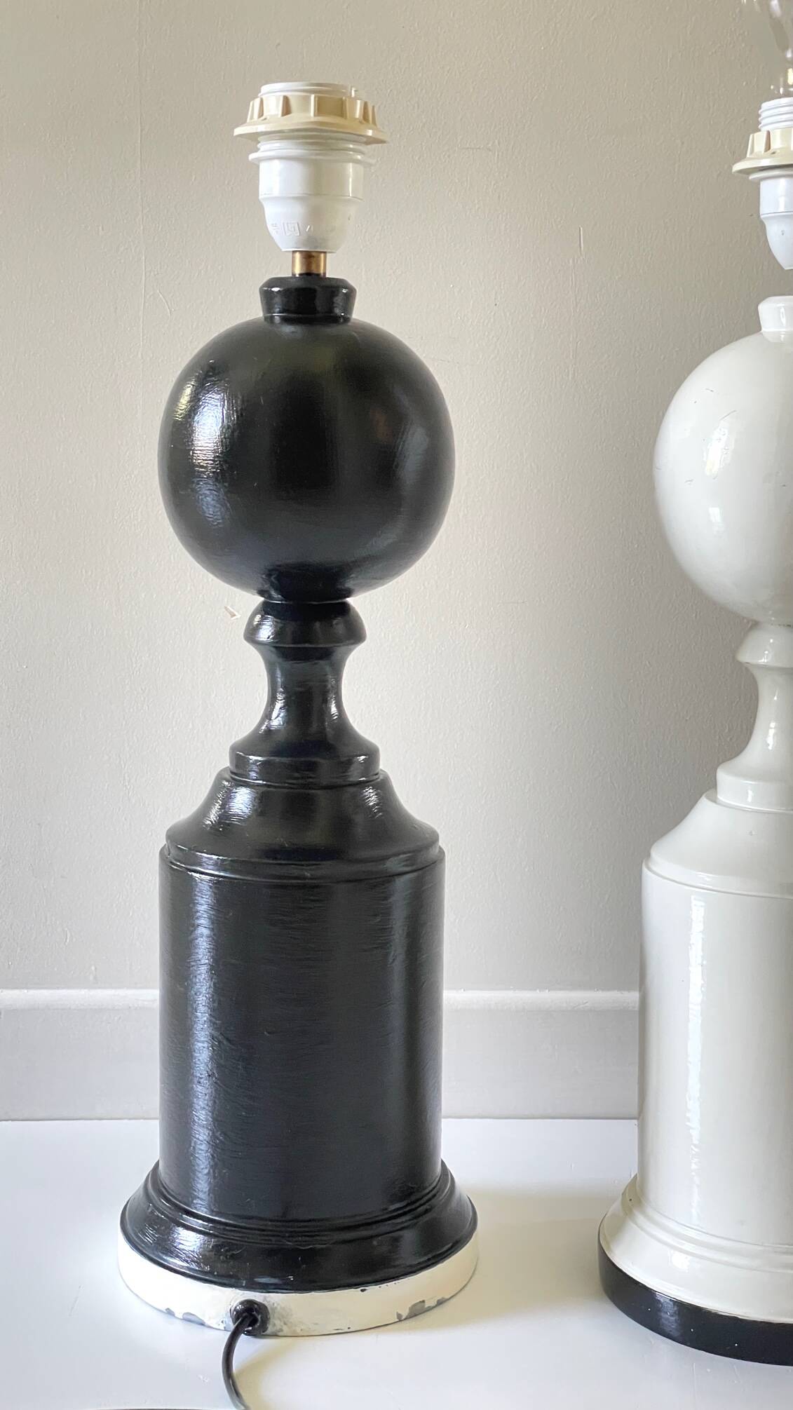 2 Vintage Black and White Turned Wood Lamp Bases