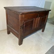 Rustic antique oak chest, original fittings and moulded panels.