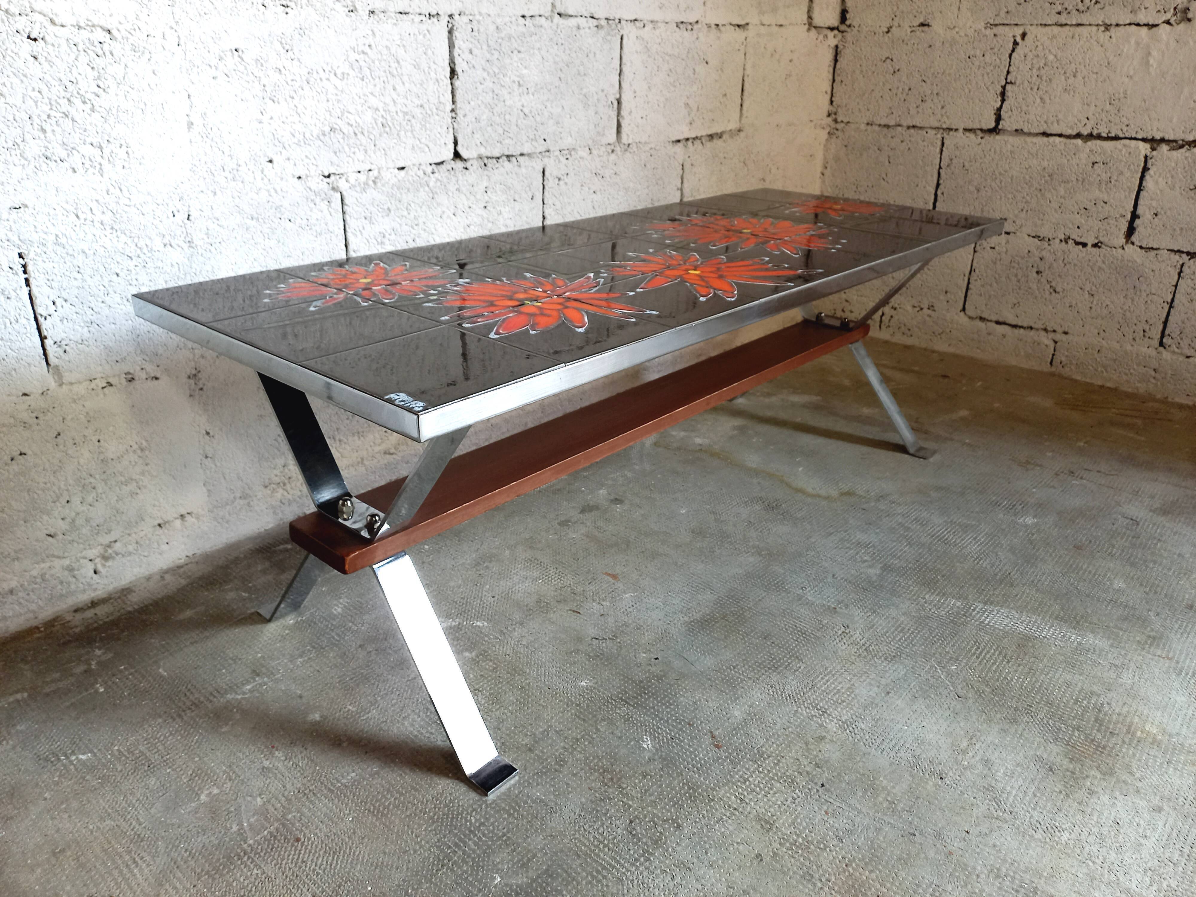 Vintage 70s coffee table in ceramic, chrome metal and wood, signed Adri