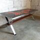 Vintage 70s coffee table in ceramic, chrome metal and wood, signed Adri