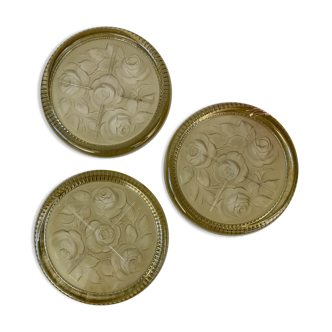 3 vintage coasters in chiseled glass pink pattern